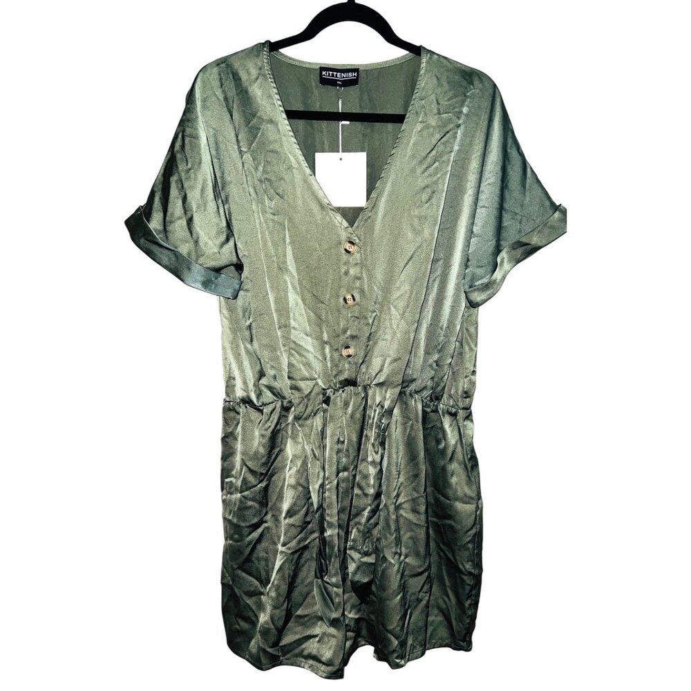 Kittenish Womens V-Neck Button-Down Olive Green Romper Back Pockets XXL